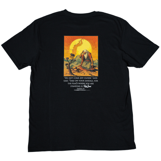 Black short sleeve T-shirt with Burning Bush Exodus 3:5