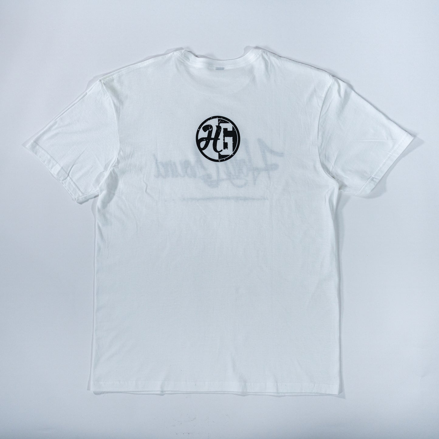White short sleeve T-shirt with black lettering