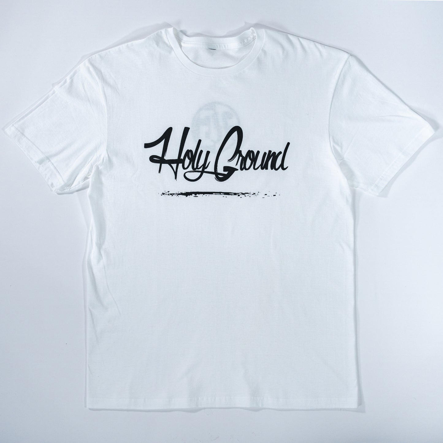White short sleeve T-shirt with black lettering
